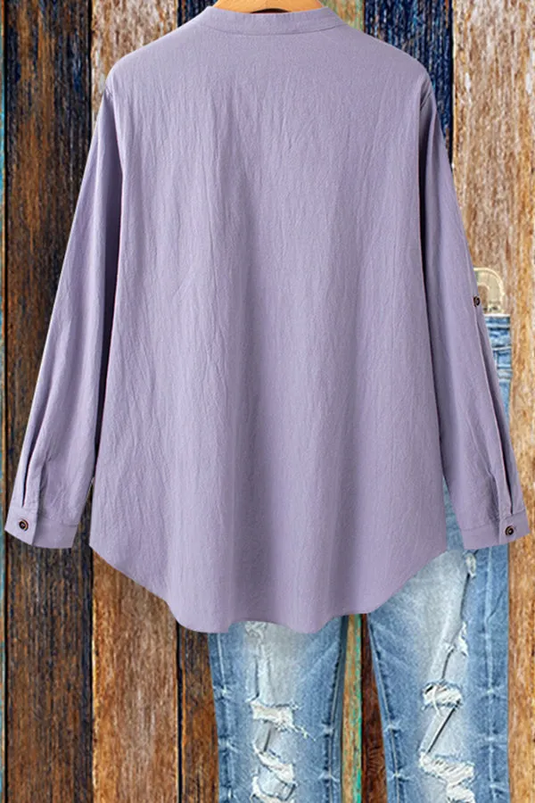 Dunnmall Embroidered Stand Collar Pocket Blouse