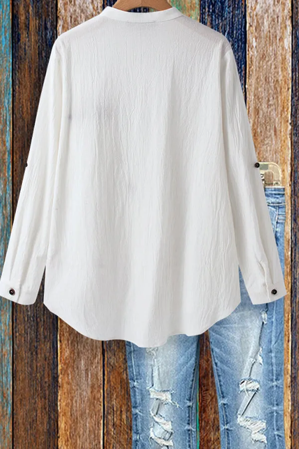 Dunnmall Embroidered Stand Collar Pocket Blouse