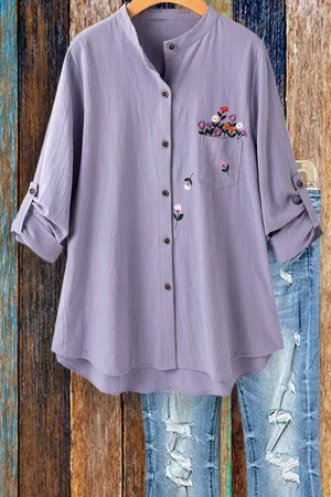 Dunnmall Embroidered Stand Collar Pocket Blouse