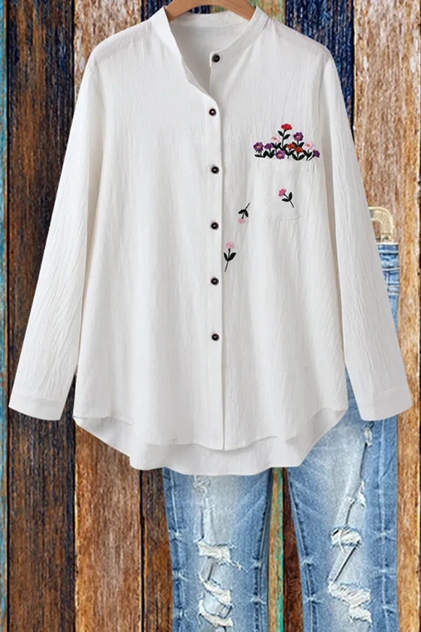 Dunnmall Embroidered Stand Collar Pocket Blouse