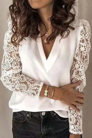 Dunnmall Fashion Stitching Lace Long Sleeve Slim Top