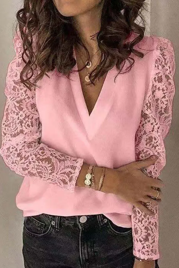 Dunnmall Fashion Stitching Lace Long Sleeve Slim Top
