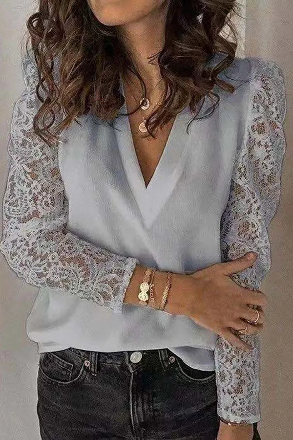 Dunnmall Fashion Stitching Lace Long Sleeve Slim Top