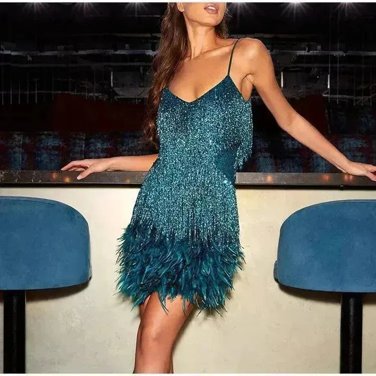 Elegant Chic Spaghetti Strap Luxury Tassel Sequins Feather Women’s Mini Dress for Evening Party, Cocktail Wedding Guest.