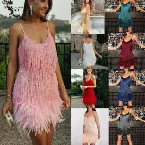 Elegant Chic Spaghetti Strap Luxury Tassel Sequins Feather Women’s Mini Dress for Evening Party, Cocktail Wedding Guest.