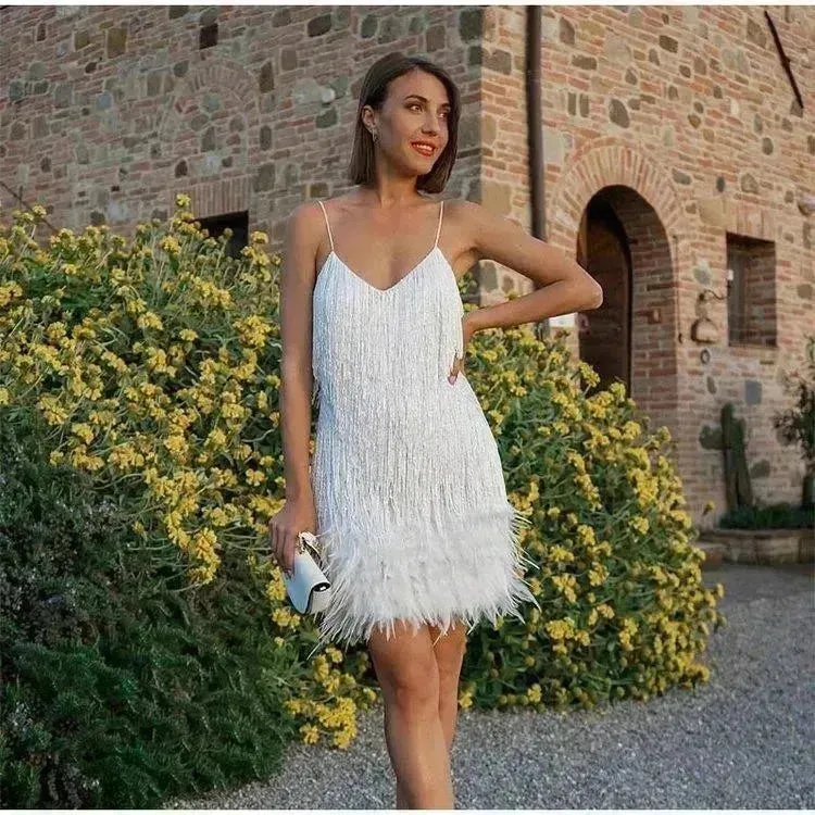 Elegant Chic Spaghetti Strap Luxury Tassel Sequins Feather Women’s Mini Dress for Evening Party, Cocktail Wedding Guest.