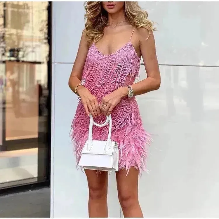 Elegant Chic Spaghetti Strap Luxury Tassel Sequins Feather Women’s Mini Dress for Evening Party, Cocktail Wedding Guest.