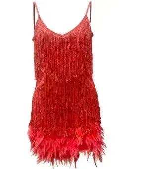 Elegant Chic Spaghetti Strap Luxury Tassel Sequins Feather Women’s Mini Dress for Evening Party, Cocktail Wedding Guest.