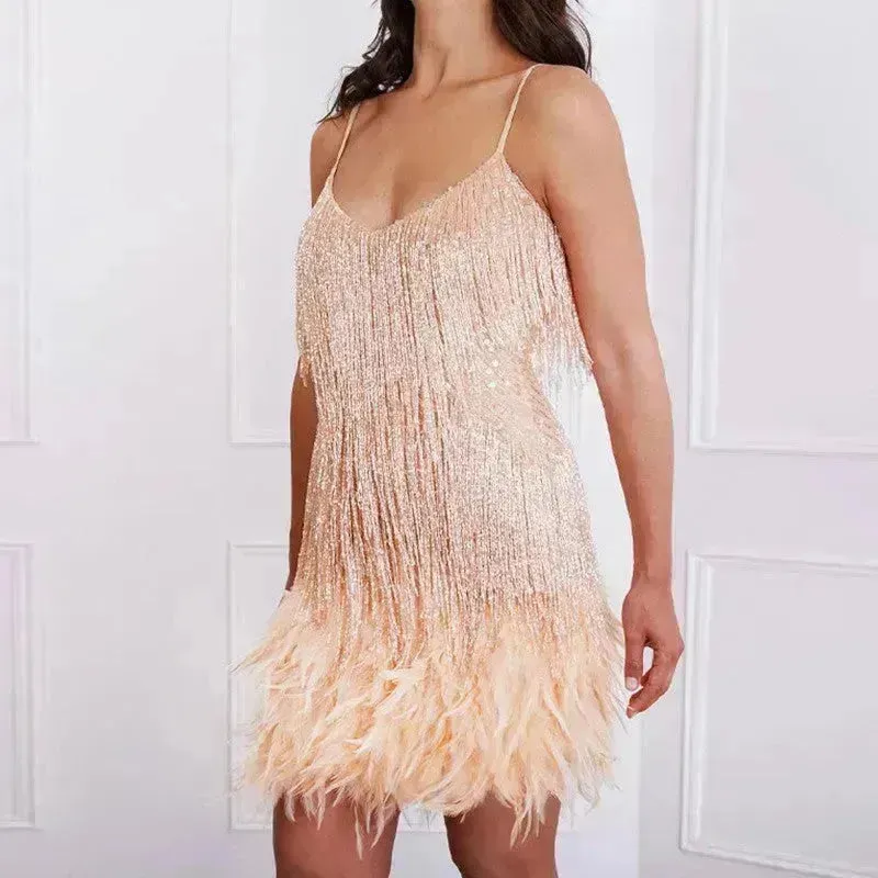 Elegant Chic Spaghetti Strap Luxury Tassel Sequins Feather Women’s Mini Dress for Evening Party, Cocktail Wedding Guest.