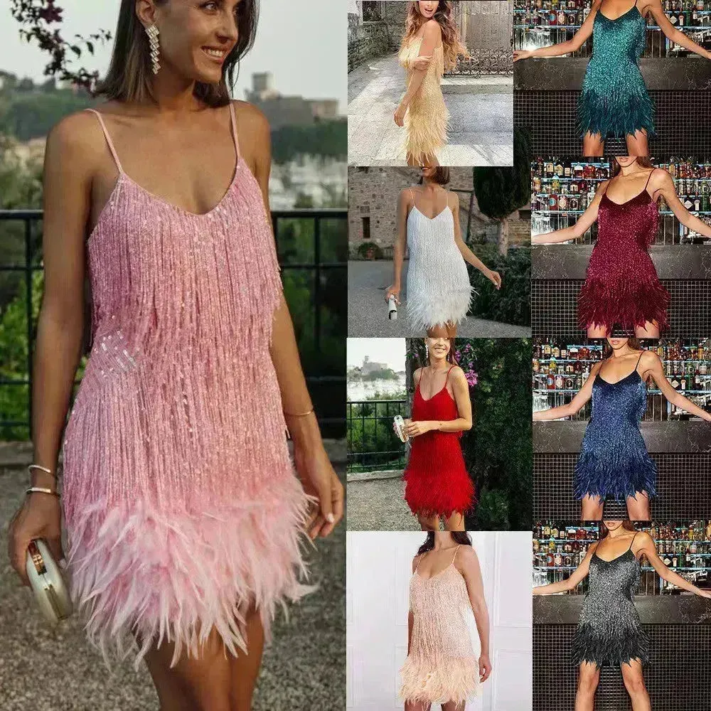 Elegant Chic Spaghetti Strap Luxury Tassel Sequins Feather Women’s Mini Dress for Evening Party, Cocktail Wedding Guest.