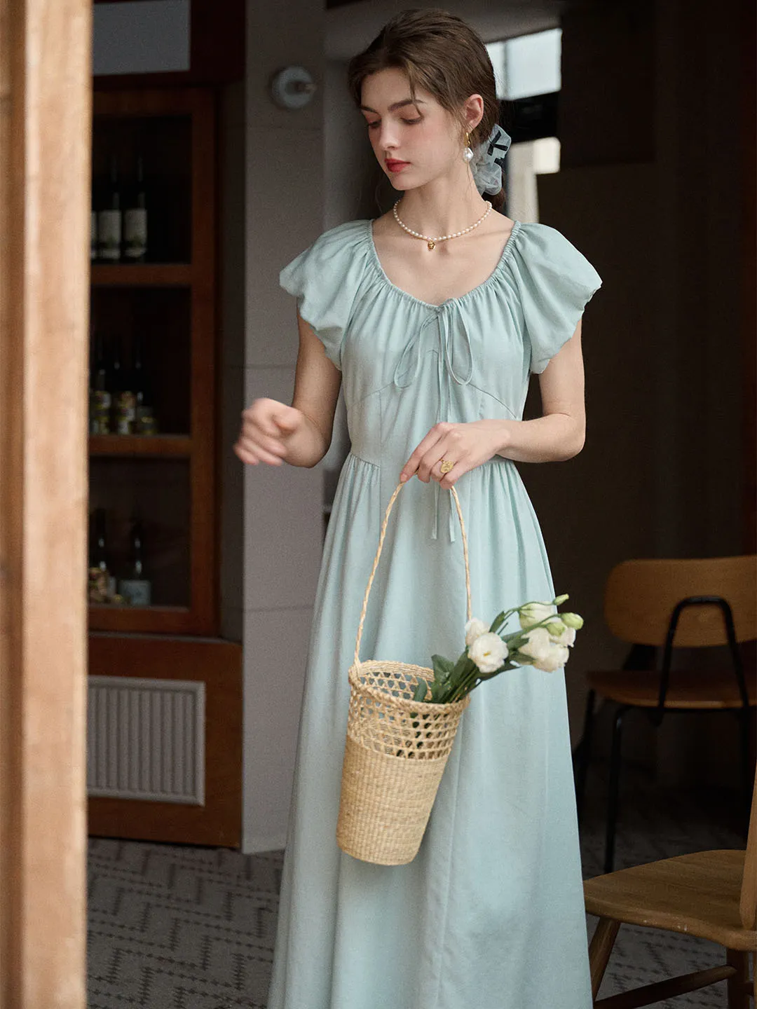 Elianna Bow V-neck Puff Sleeve A-line Dress- Mint Green