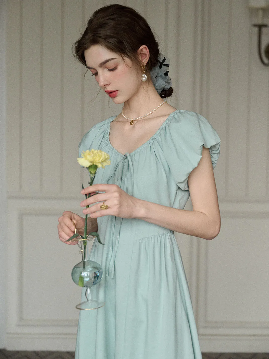 Elianna Bow V-neck Puff Sleeve A-line Dress- Mint Green