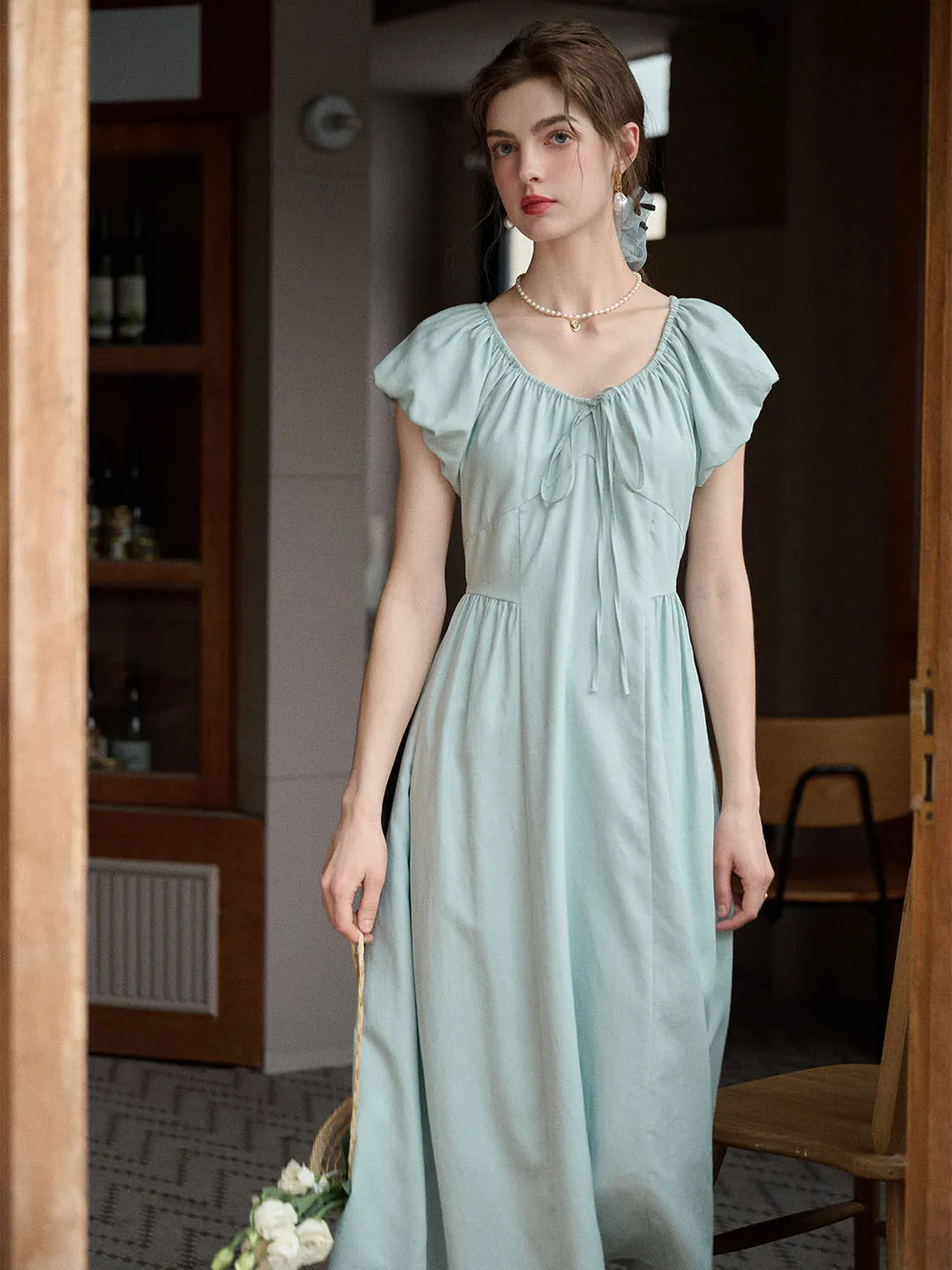 Elianna Bow V-neck Puff Sleeve A-line Dress- Mint Green