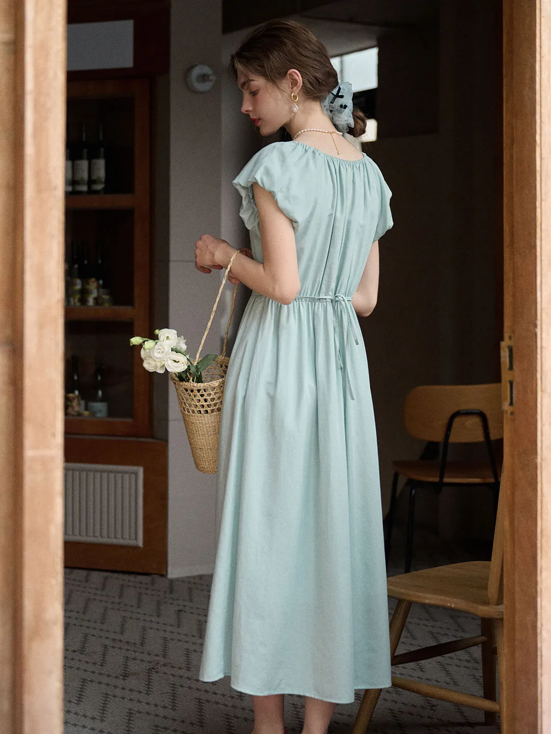 Elianna Bow V-neck Puff Sleeve A-line Dress- Mint Green