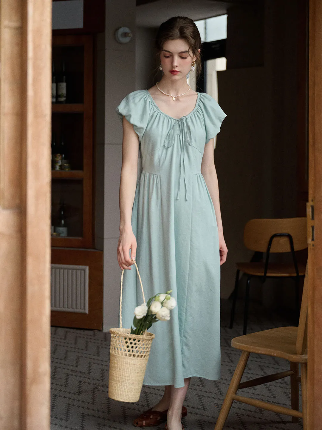 Elianna Bow V-neck Puff Sleeve A-line Dress- Mint Green