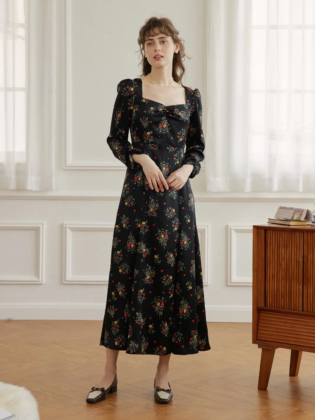 Ensley Floral Printed Black Dress
