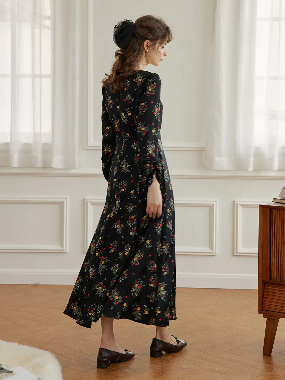 Ensley Floral Printed Black Dress