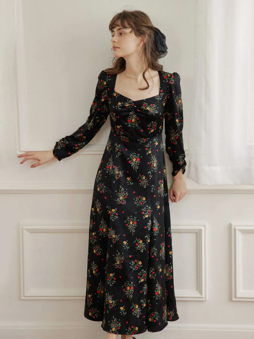 Ensley Floral Printed Black Dress