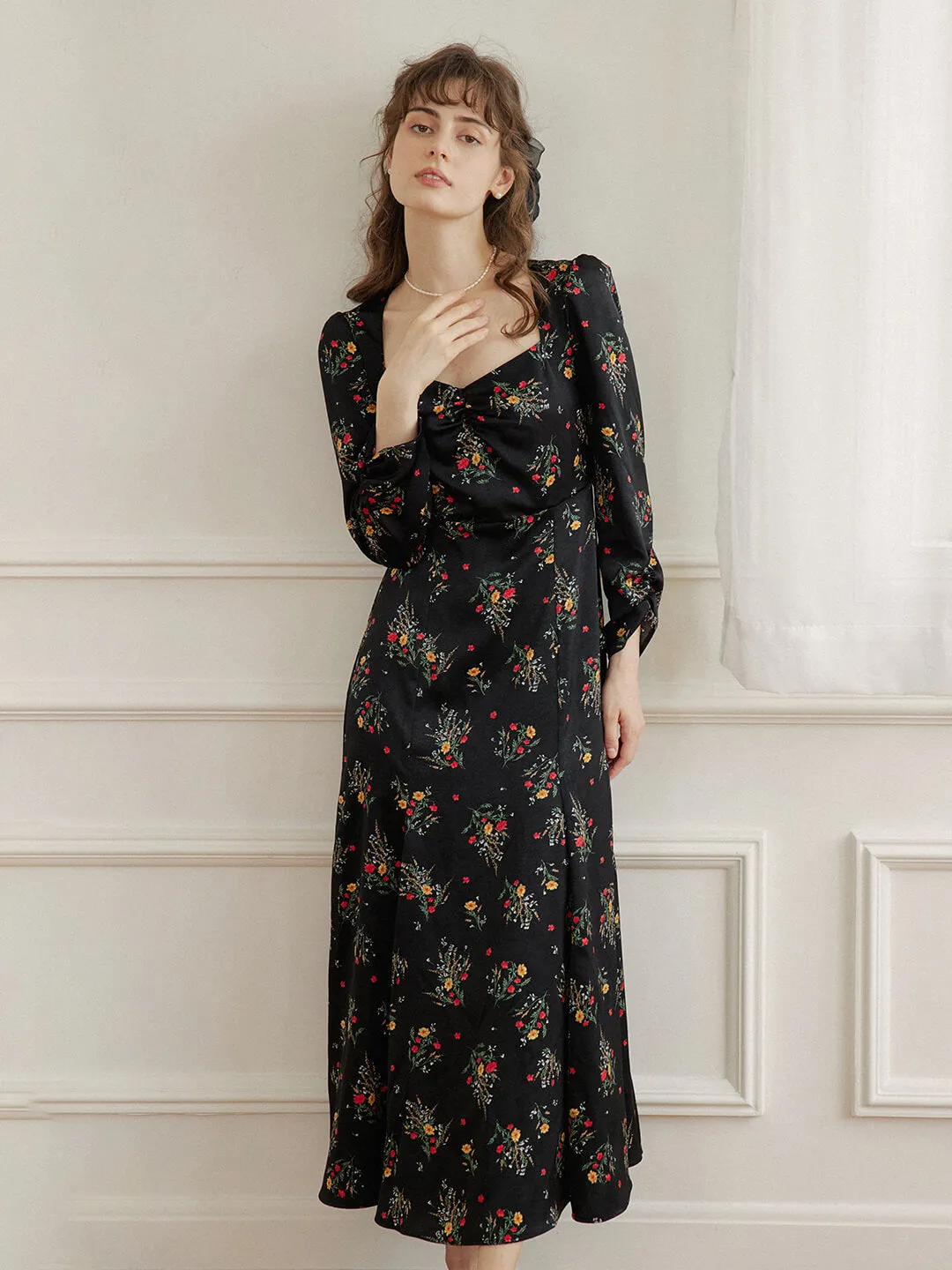 Ensley Floral Printed Black Dress
