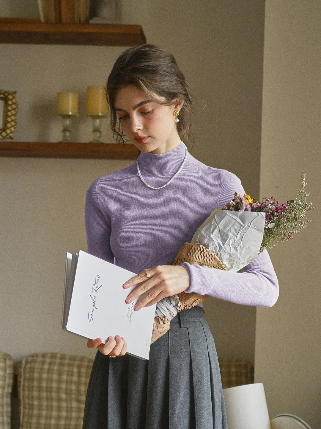 Erin 100% Wool Simple Mock Neck Slim Fit Sweater - Purple