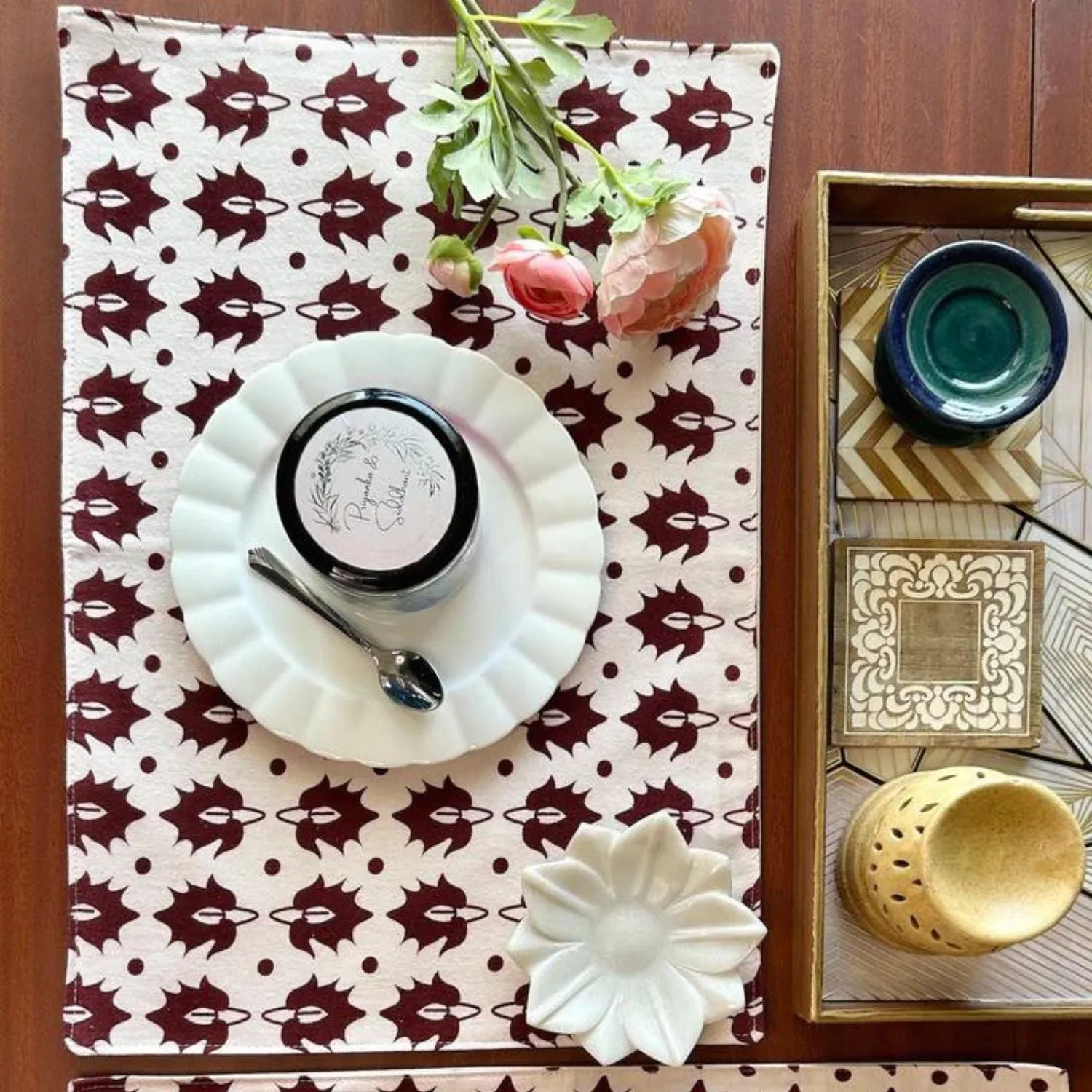 Ethnic Motif Table Placemats | Intricate Pattern | Red And White | 12"x18"