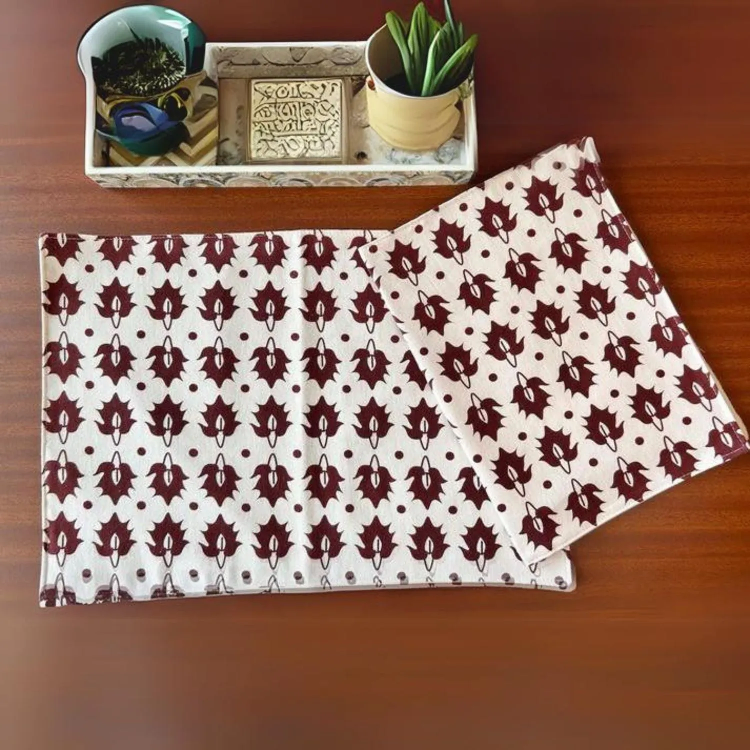 Ethnic Motif Table Placemats | Intricate Pattern | Red And White | 12"x18"