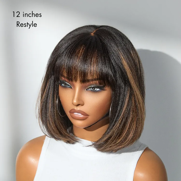 Exclusive Sale | Put On and Go Realistic Glueless Yaki Straight Bob with Bangs Minimalist Lace Wig 100% Human Hair
