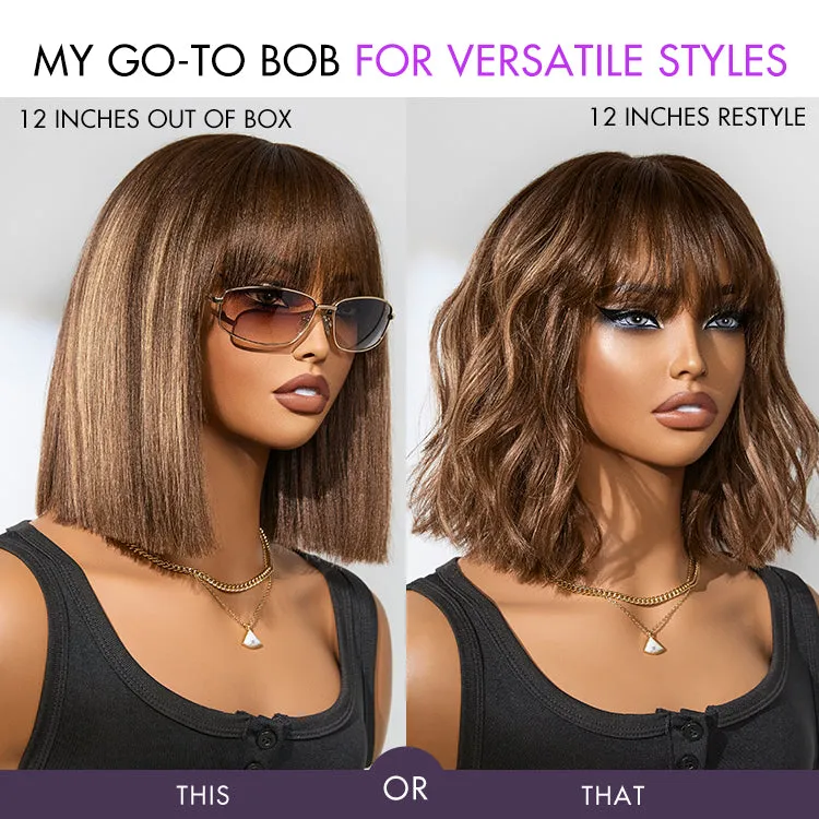 Exclusive Sale | Put On and Go Realistic Glueless Yaki Straight Bob with Bangs Minimalist Lace Wig 100% Human Hair
