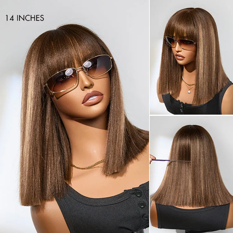 Exclusive Sale | Put On and Go Realistic Glueless Yaki Straight Bob with Bangs Minimalist Lace Wig 100% Human Hair