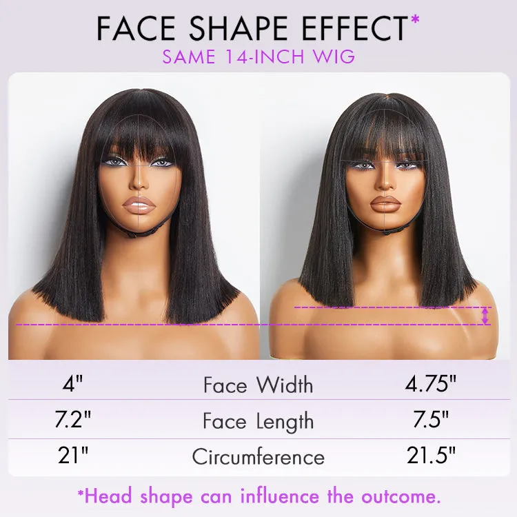 Exclusive Sale | Put On and Go Realistic Glueless Yaki Straight Bob with Bangs Minimalist Lace Wig 100% Human Hair