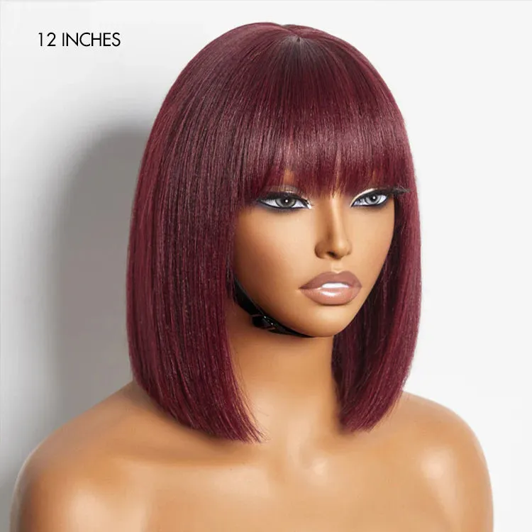 Exclusive Sale | Put On and Go Realistic Glueless Yaki Straight Bob with Bangs Minimalist Lace Wig 100% Human Hair