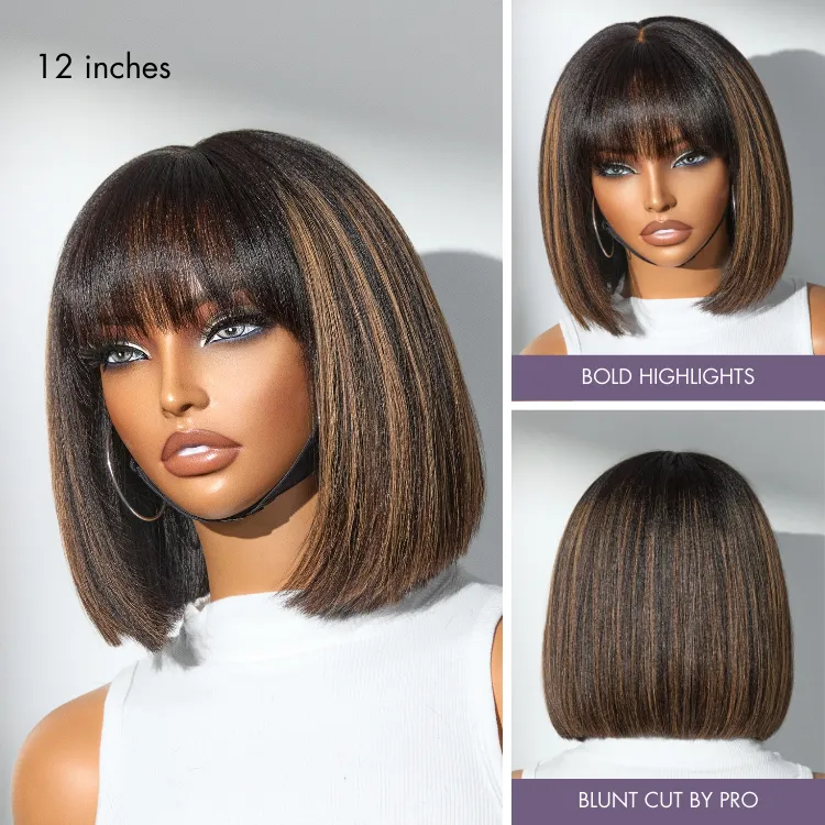 Exclusive Sale | Put On and Go Realistic Glueless Yaki Straight Bob with Bangs Minimalist Lace Wig 100% Human Hair