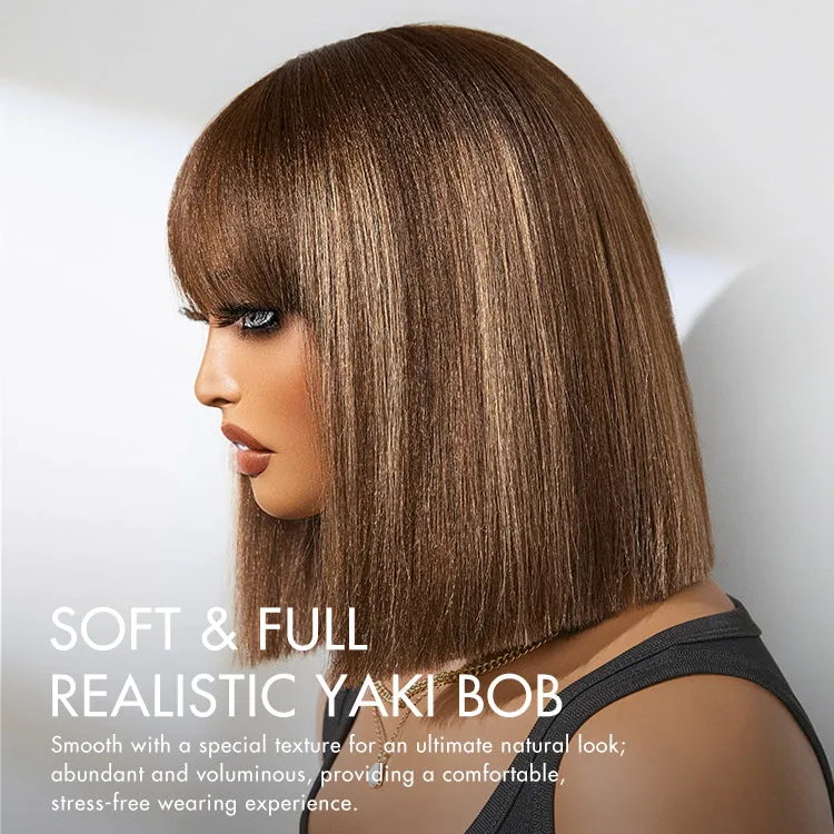 Exclusive Sale | Put On and Go Realistic Glueless Yaki Straight Bob with Bangs Minimalist Lace Wig 100% Human Hair