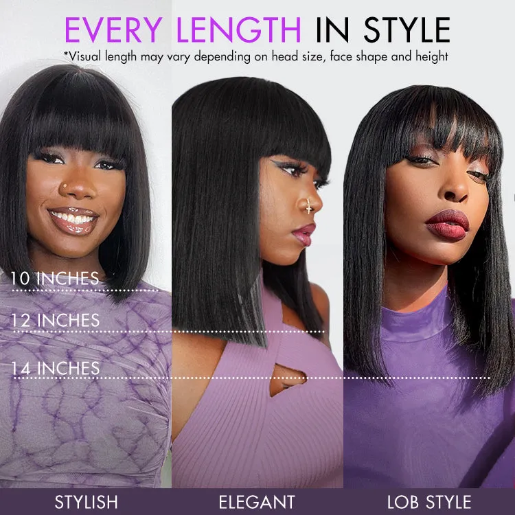 Exclusive Sale | Put On and Go Realistic Glueless Yaki Straight Bob with Bangs Minimalist Lace Wig 100% Human Hair