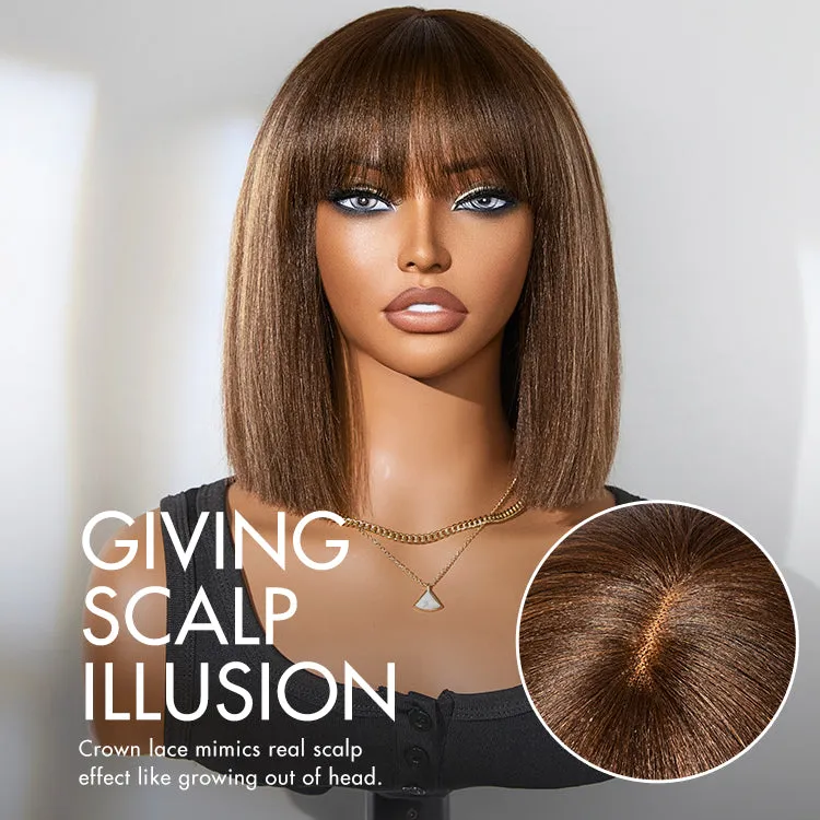 Exclusive Sale | Put On and Go Realistic Glueless Yaki Straight Bob with Bangs Minimalist Lace Wig 100% Human Hair