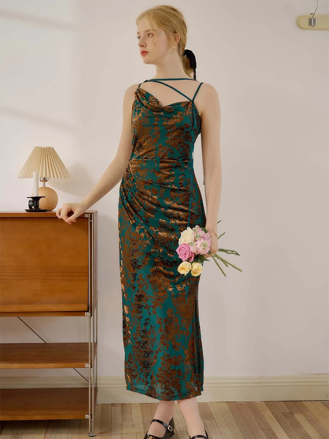 【Final Sale】Iris Allover Print Draped Collar Split Cami Dress