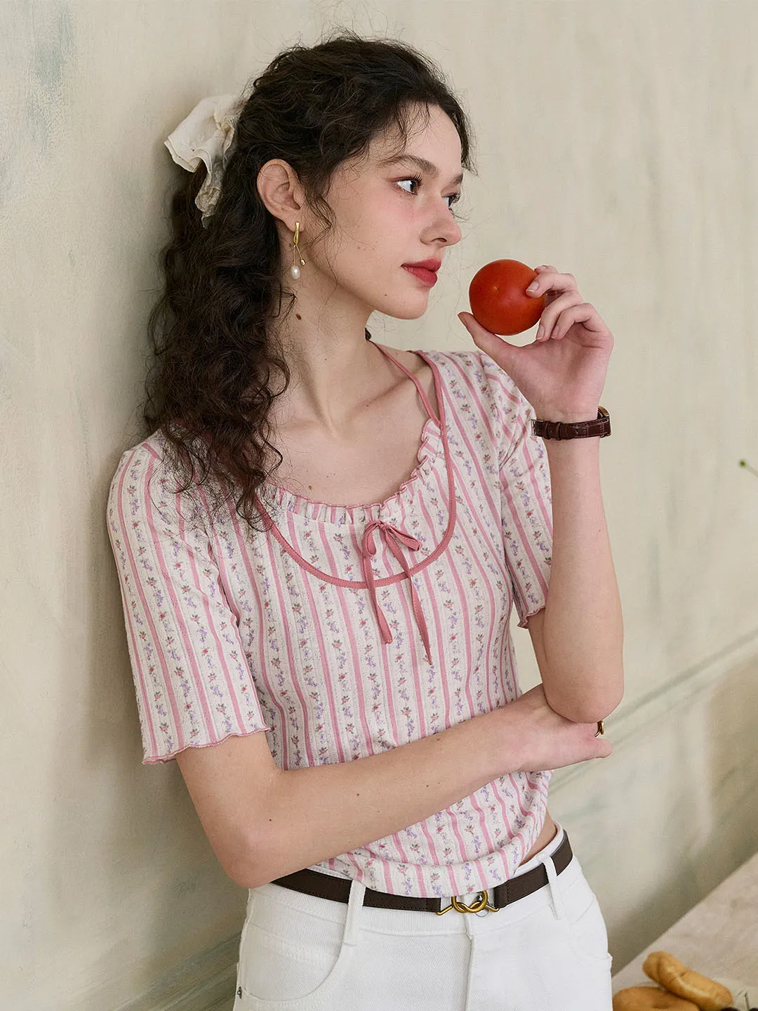 【Final Sale】Nadia Round Neck Bow Contrast Rose Floral Print Striped Knit T-shirt