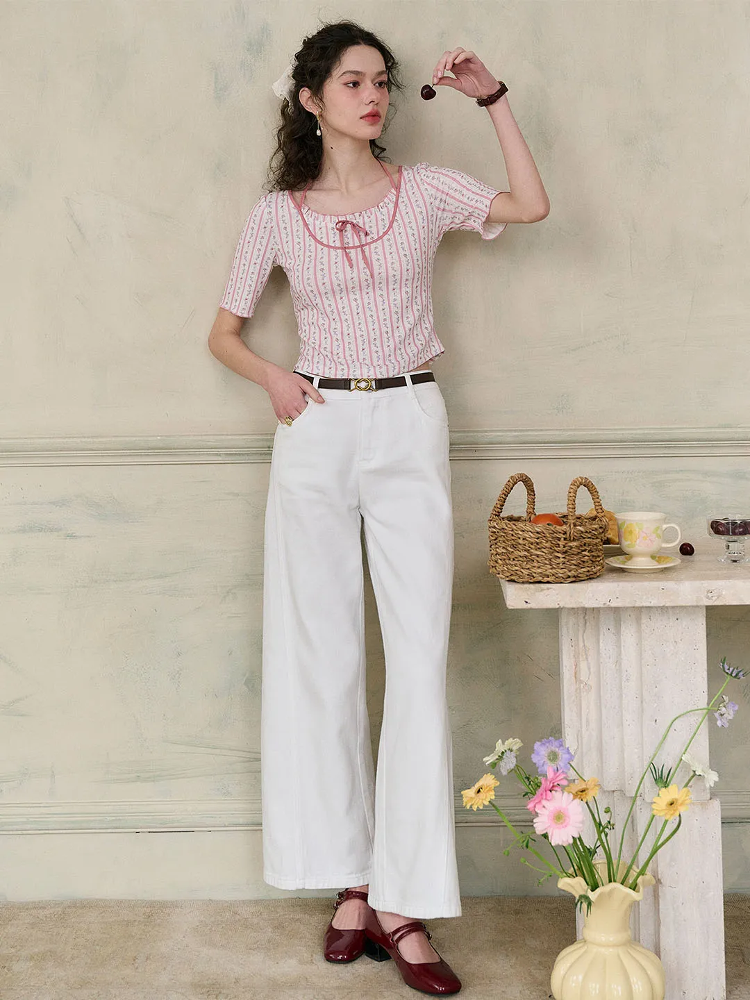 【Final Sale】Nadia Round Neck Bow Contrast Rose Floral Print Striped Knit T-shirt