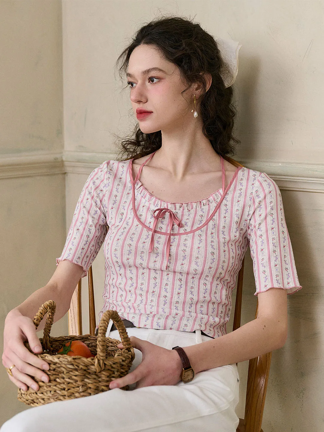 【Final Sale】Nadia Round Neck Bow Contrast Rose Floral Print Striped Knit T-shirt