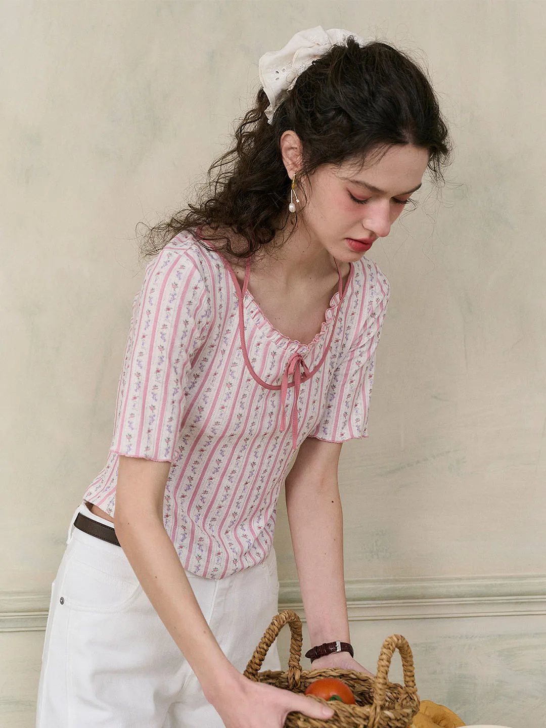【Final Sale】Nadia Round Neck Bow Contrast Rose Floral Print Striped Knit T-shirt