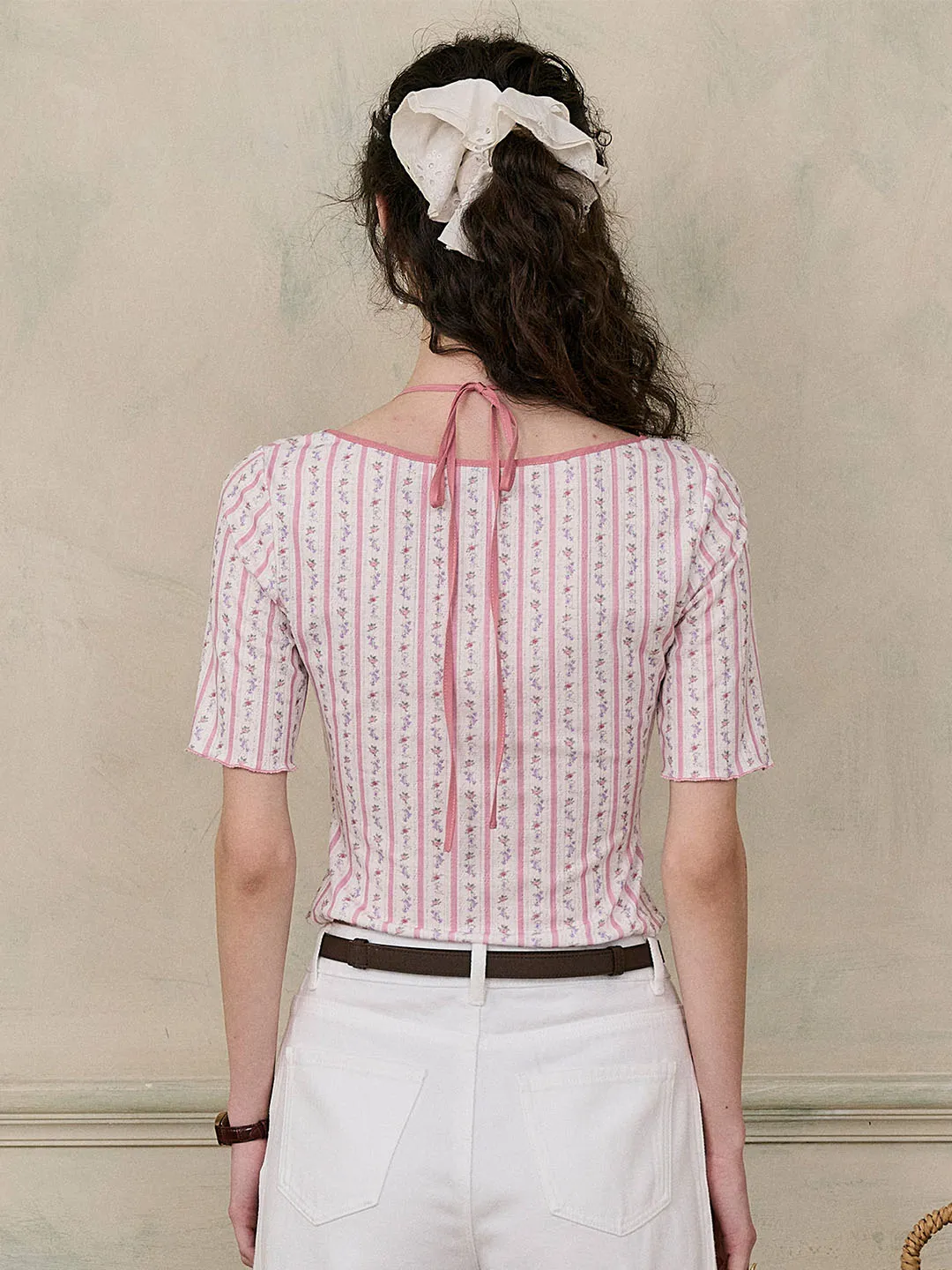 【Final Sale】Nadia Round Neck Bow Contrast Rose Floral Print Striped Knit T-shirt
