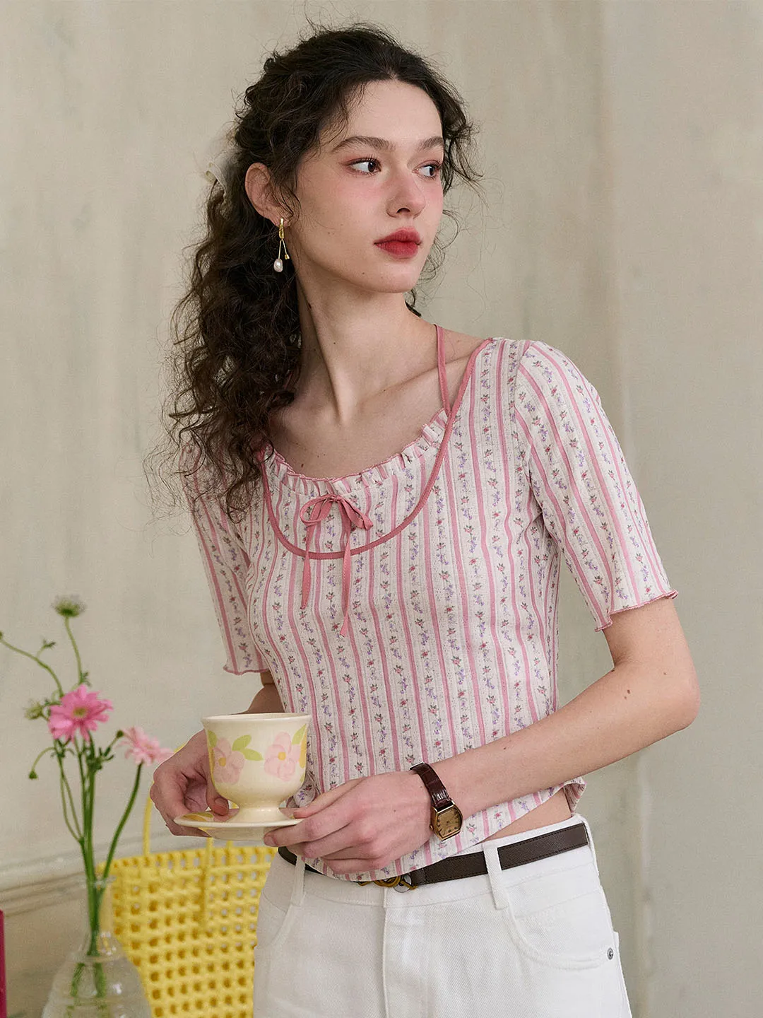 【Final Sale】Nadia Round Neck Bow Contrast Rose Floral Print Striped Knit T-shirt