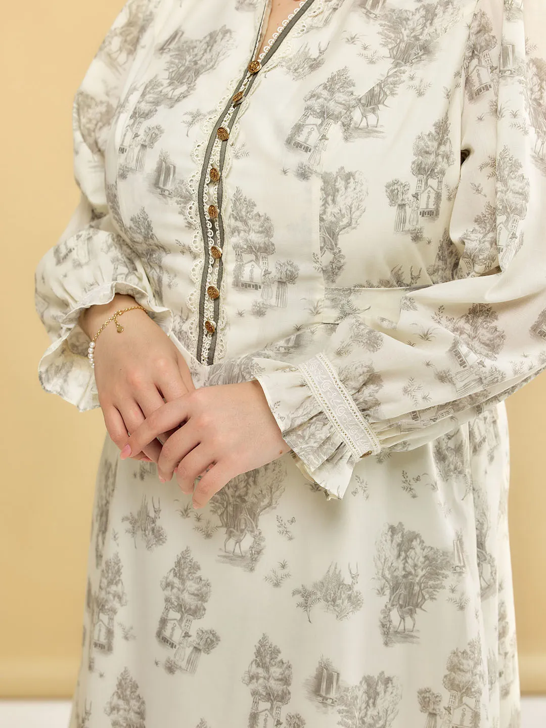 【Final Sale】Plus Size Lyric Printed Stand Collar Midi Dress