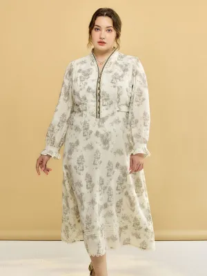 【Final Sale】Plus Size Lyric Printed Stand Collar Midi Dress