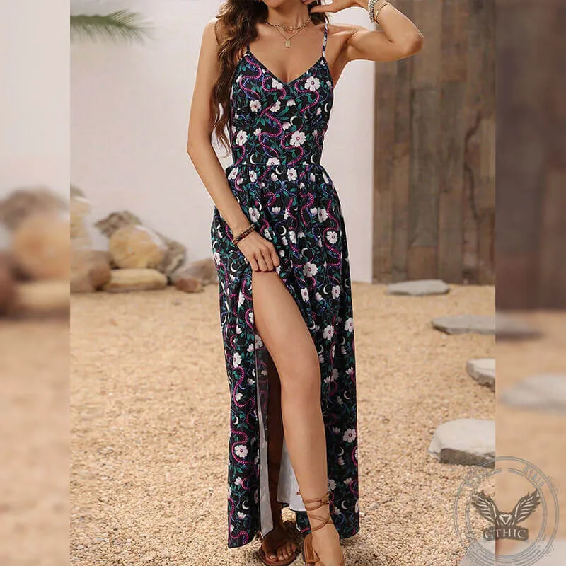 Floral Snake Print V-Neck Side Slit Slip Dress