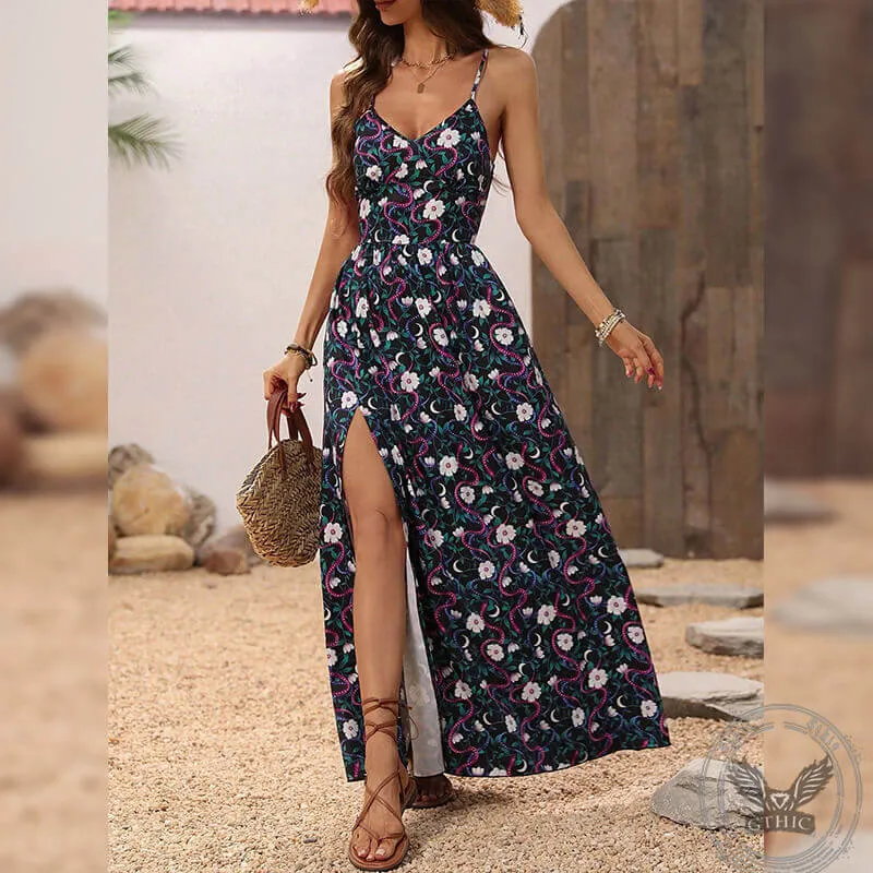 Floral Snake Print V-Neck Side Slit Slip Dress