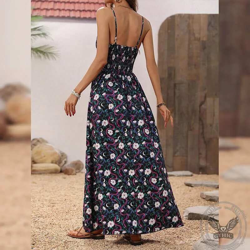 Floral Snake Print V-Neck Side Slit Slip Dress