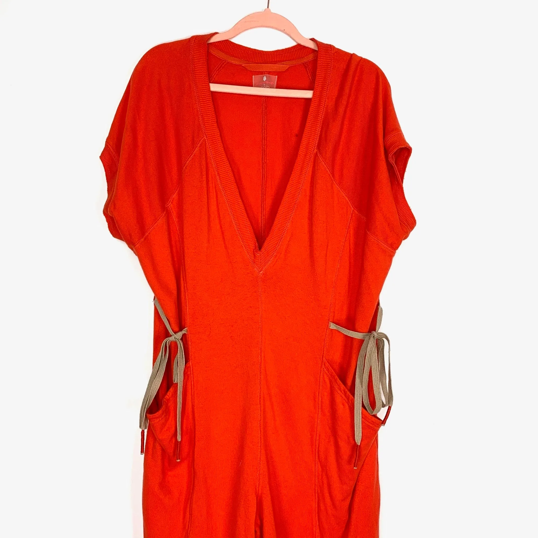 Free People Movement Orange Side Tie Straps Cinched Ankle Jumpsuit- Size L
