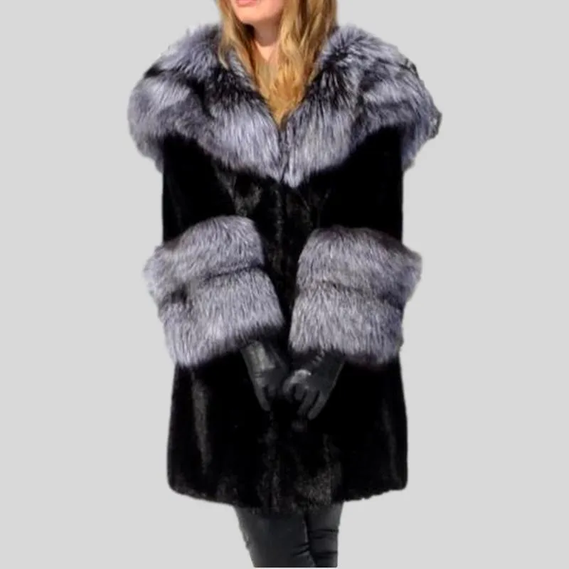 Genuine Mink Fur With  Silver Fox Fur Hood Collar and Fox Sleeved Coat