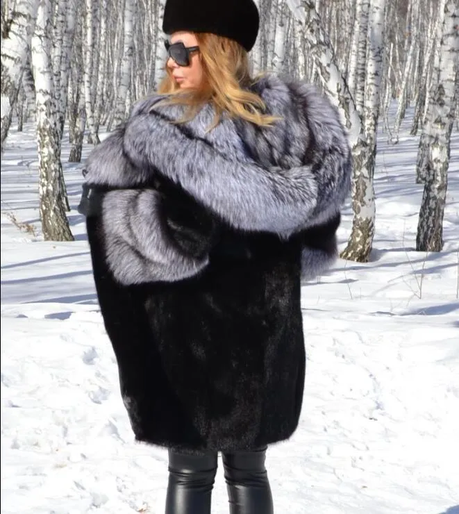 Genuine Mink Fur With  Silver Fox Fur Hood Collar and Fox Sleeved Coat